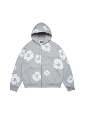 Cotton Wreath Hoodie mit Reißverschluss und Baumwollkranz, grau