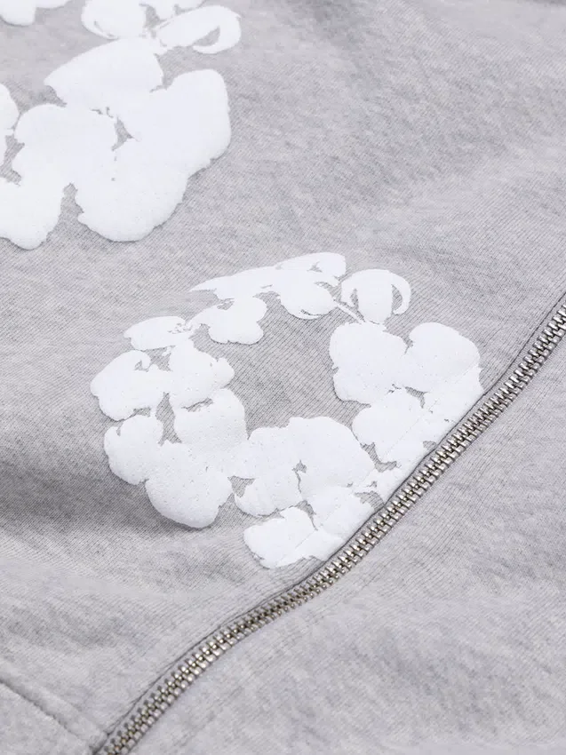 Cotton Wreath Hoodie mit Reißverschluss und Baumwollkranz, grau