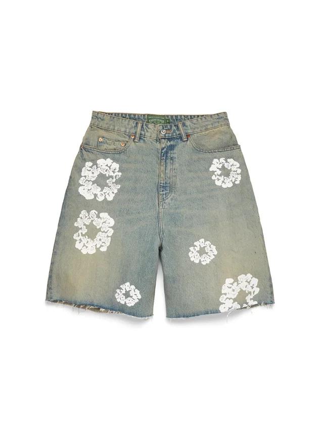 Dirty Wash Cotton Wreath Denim Shorts
