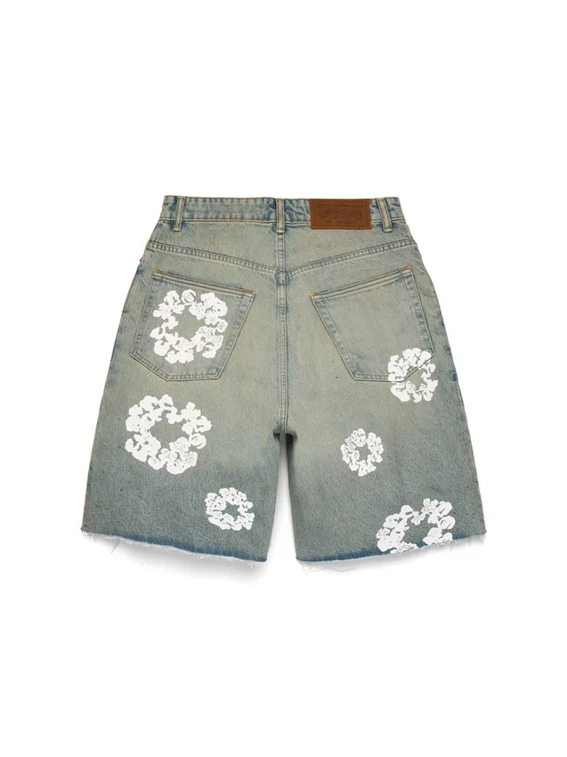 Dirty Wash Cotton Wreath Denim Shorts