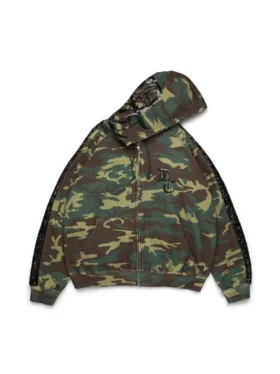 Hoodie mit Reißverschluss, Pailletten-Einsätzen an den Ärmeln und Camouflage-Muster