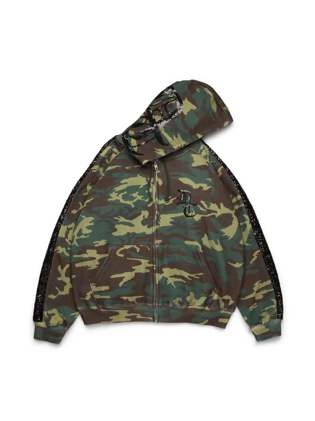 Hoodie mit Reißverschluss, Pailletten-Einsätzen an den Ärmeln und Camouflage-Muster