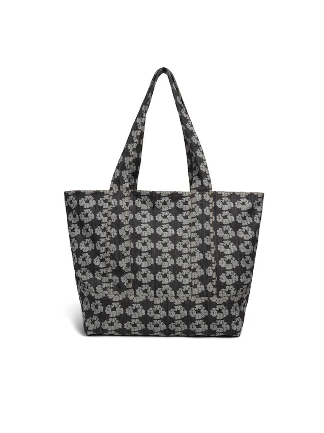 Jacquard-Denim-Shopper mit Kranzmotiv, dunkle Waschung