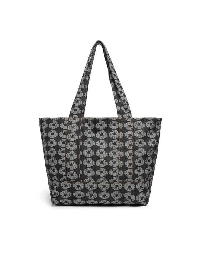 Jacquard-Denim-Shopper mit Kranzmotiv, dunkle Waschung