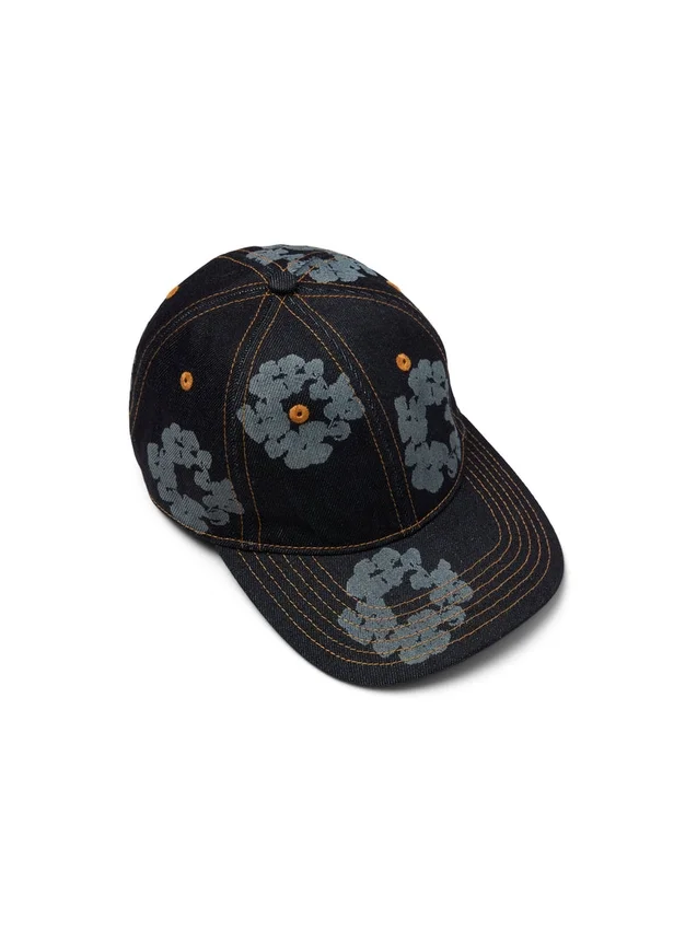 Mono Cotton Wreath Raw Denim Cap, Washed Indigo