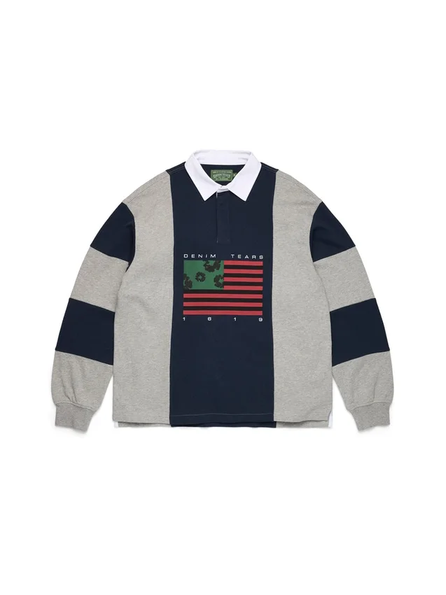Rugby-Shirt mit Cotton Wreath und panafrikanischer Flagge, grau/marineblau