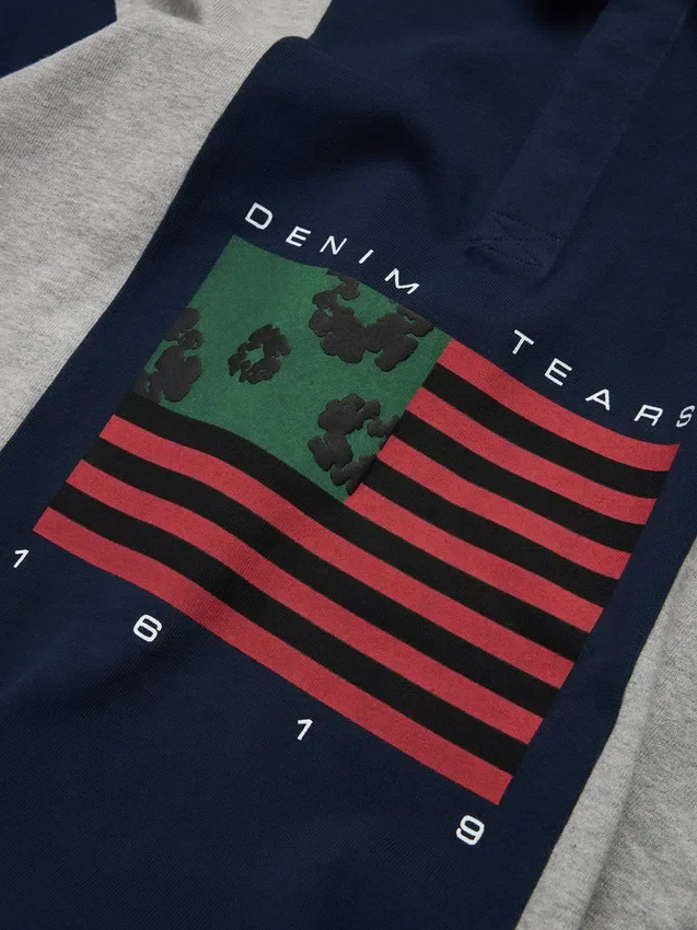 Rugby-Shirt mit Cotton Wreath und panafrikanischer Flagge, grau/marineblau