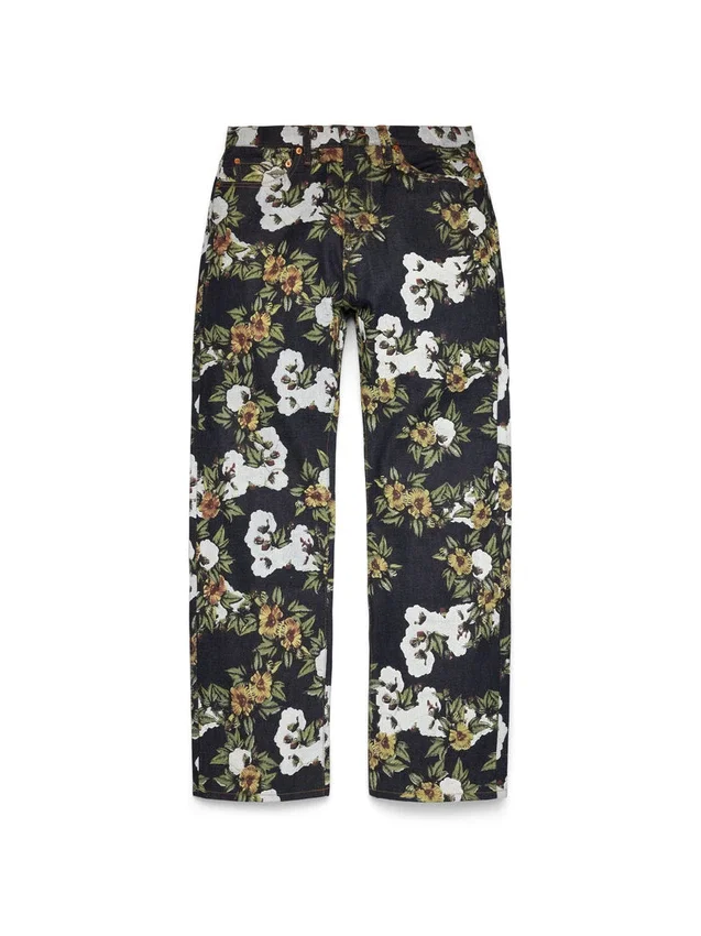 Weite Denim-Hose mit Blumenmuster und Selvedge
