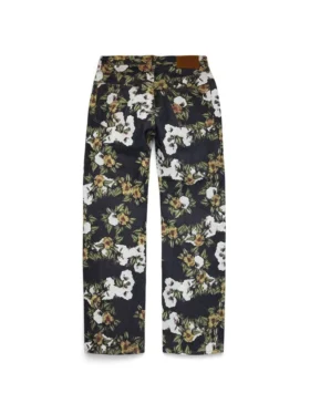 Weite Denim-Hose mit Blumenmuster und Selvedge
