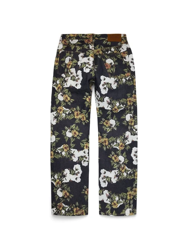 Weite Denim-Hose mit Blumenmuster und Selvedge