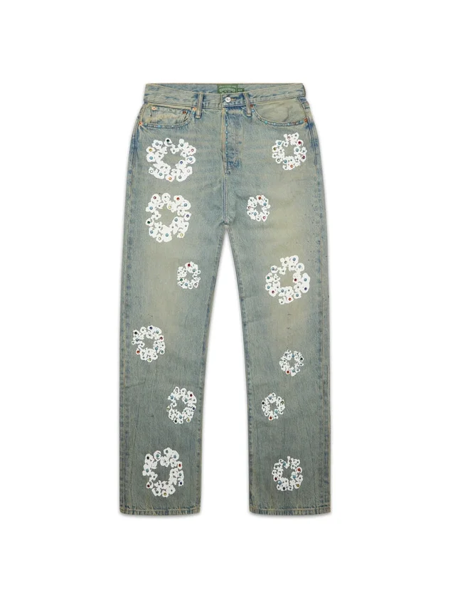 Weite, mit Nieten verzierte „Cotton Wreath“-Denim-Jeanshose in Dirty-Wash-Optik
